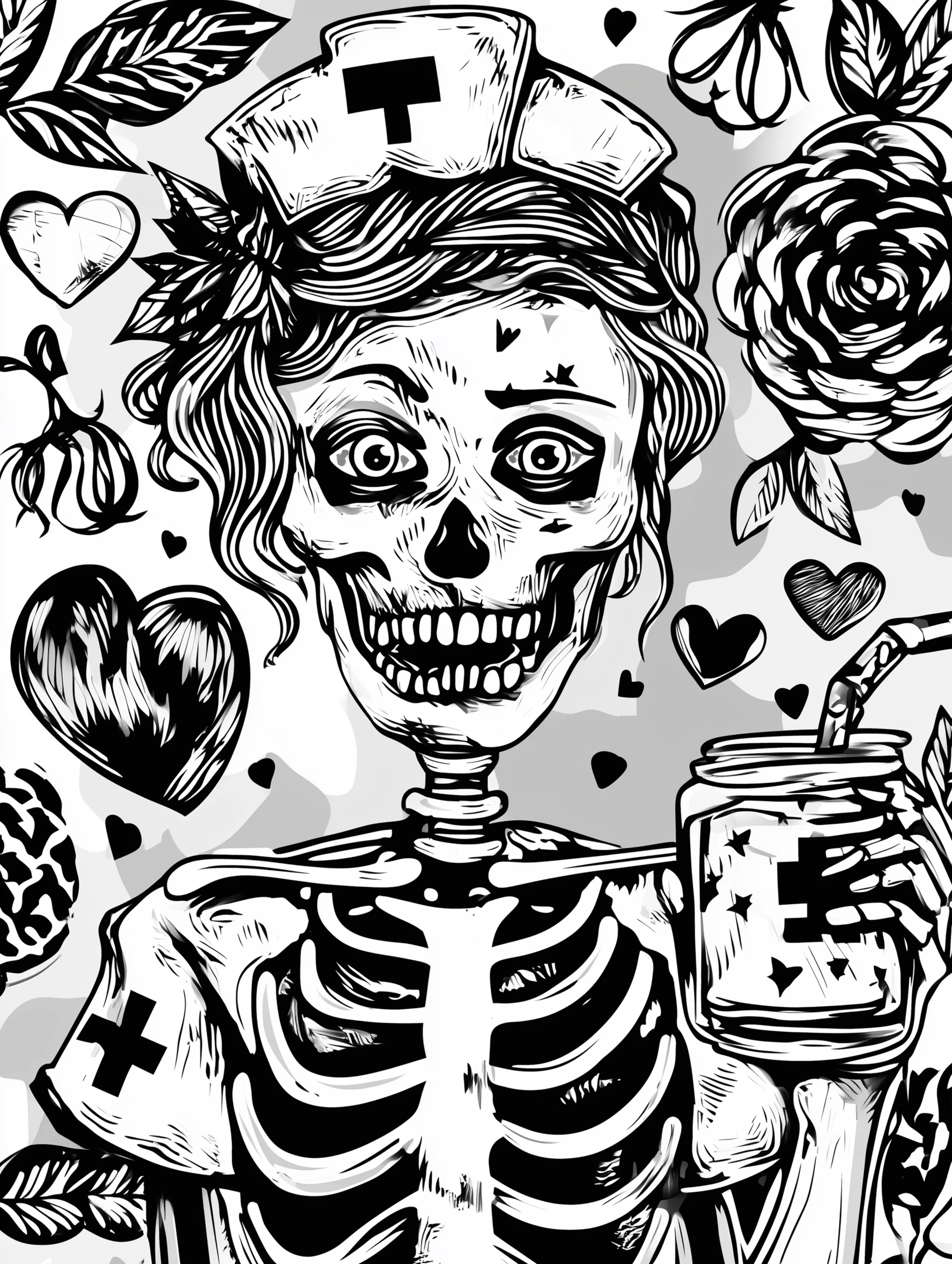 Free printable nursing coloring page for adults featuring a skeleton nurse holding a drink